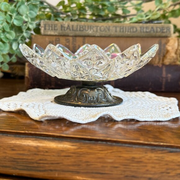 Vintage Iridescent Footed Crystal Candy Dish - Picture 7 of 13